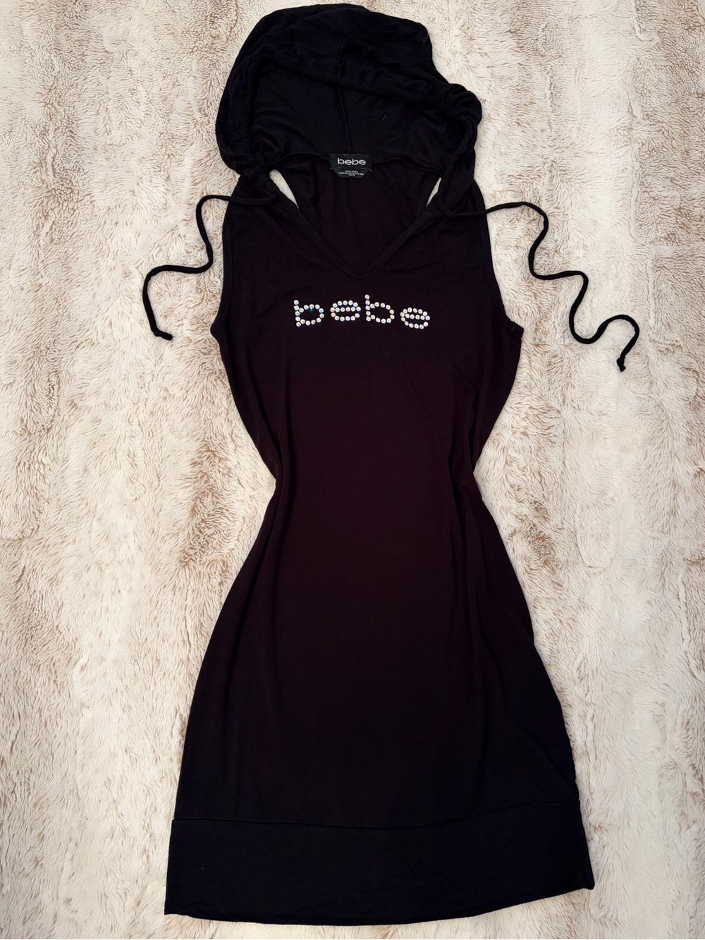 🖤 Vintage Y2K Bebe McBling Hooded Rhinestone Logo Lightweight Loose Mini Dress